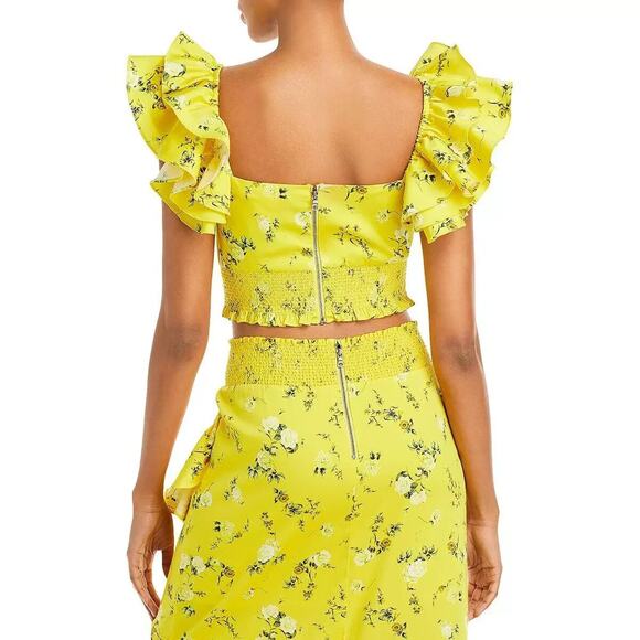 ALICE + OLIVIA SHANAE YELLOW FLORAL RUFFLE TIE FRONT CROP TOP WOMEN’S XL NWT - Picture 4 of 4